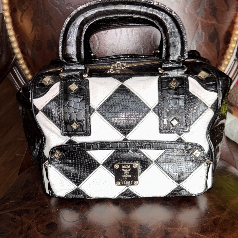 MCM Harlequin Diamond Boston Bag - Black/White Croc Leather RARE VINTAGE
